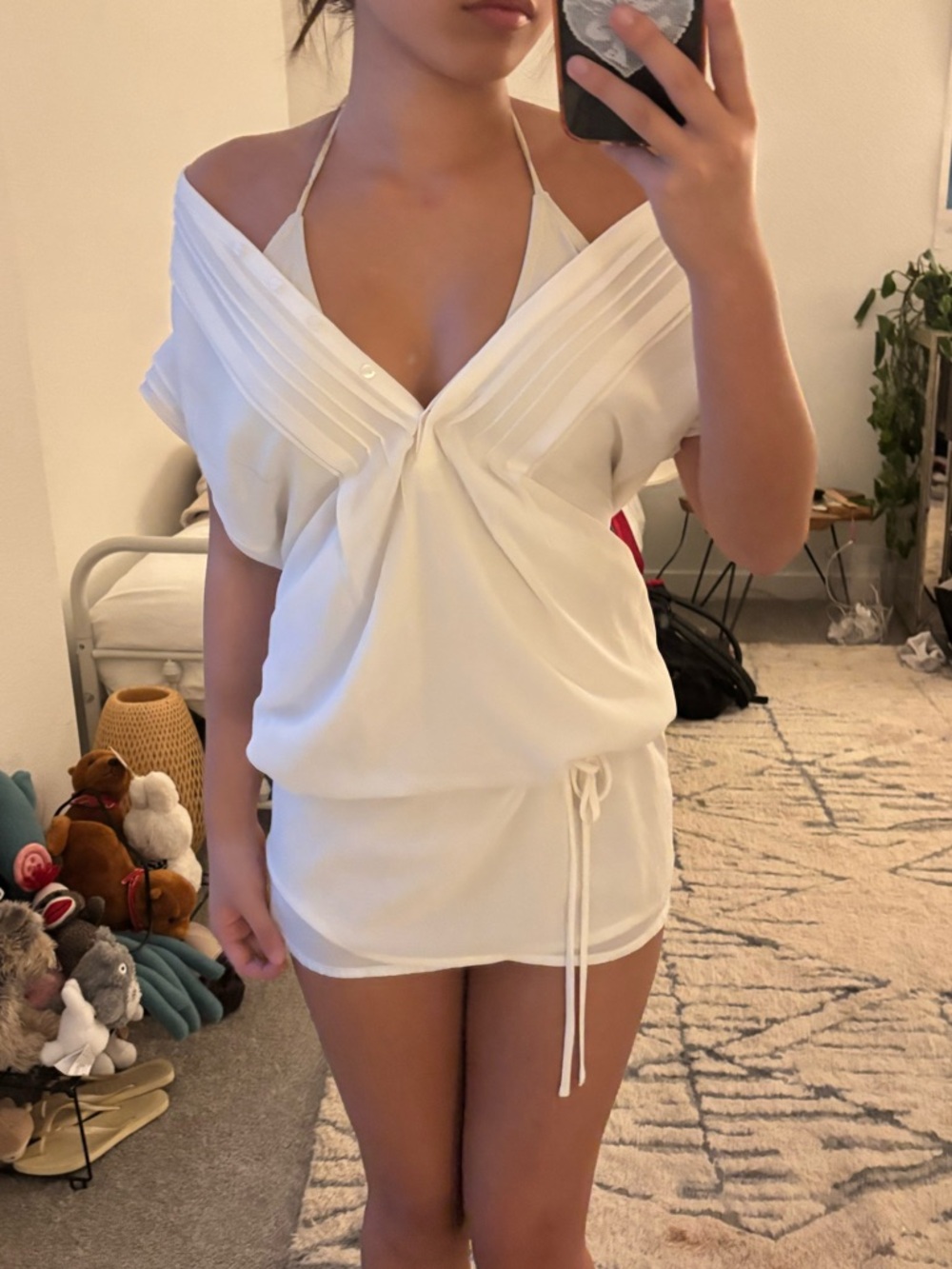 White Mini Dress with V-Neck Pleated Bodice